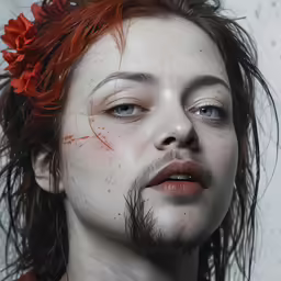 a woman with red hair with blood on her face
