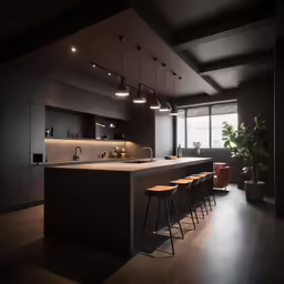 a kitchen with an island next to the sink