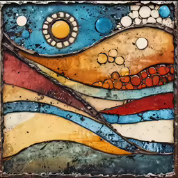an artistic stained glass piece depicting some water