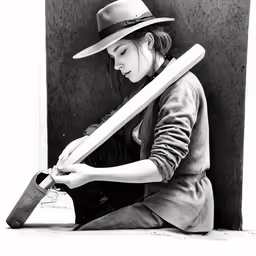 a girl in a hat is holding a baseball bat