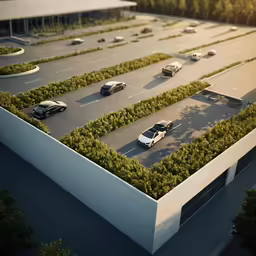 a parking lot with trees in it near a building