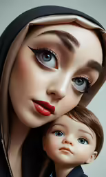 a beautiful nun holding a doll like a doll