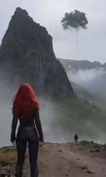 a girl is standing in the middle of a hill