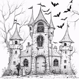 an ink drawing of a castle with bats in it