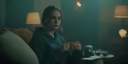 a woman sits on a couch, while holding a cup in her hands