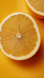 an orange slice with several segments sitting on a yellow surface