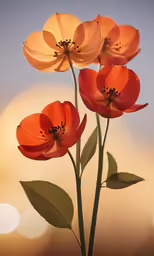 three orange flowers in a vase with green leaves