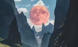 the sky is pink over the mountains with a full moon