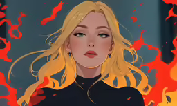 blonde haired woman with long hair in fire