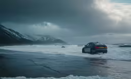 there is a car on the beach in the water