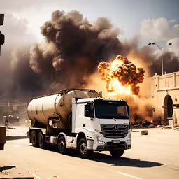 the truck is turning off as it leaves,a large truck driving down a street next to a sky