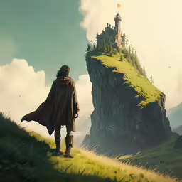a lone man stands on a hill looking at the castle