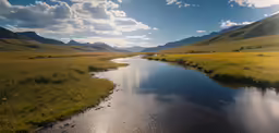 the sky is reflected in a stream of water
