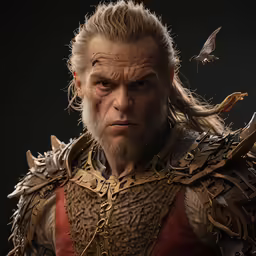 the man has his hair in long blonde locks and a beard