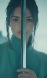 woman standing behind a pole with a metal bar in her hand