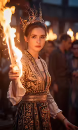 the woman is holding a small torches in her hand