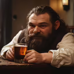 a bearded man holding a cup while leaning on a wooden table