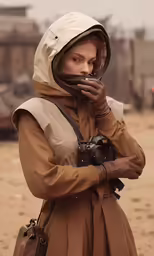 a woman in brown clothes with a camera and handbag