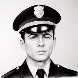 a black and white image of a uniformed man