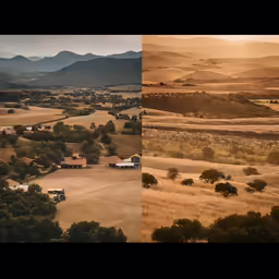 two images side by side showing a small town and mountain