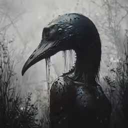 a big black bird in the middle of some woods