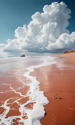 a beach with foamy waters and white clouds