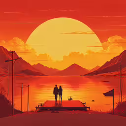 two people are standing on a dock in front of the water,two people on a dock in front of the sunset