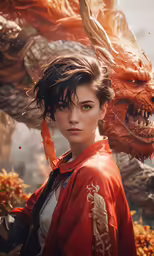 a young woman wearing an orange and red outfit