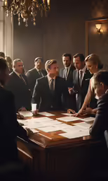businessmen look at paperwork and talk with one another