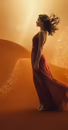 a woman in a red dress in a desert scene
