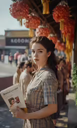 a beautiful woman standing next to a crowd holding a book
