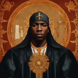 a digital painting of a catholic saint in front of a golden background