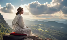a woman in white dress sitting on rock with mountain and valley view