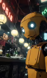 a robot looking at another robot sitting in front of a counter