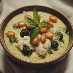 a bowl full of different foods with some leafy top