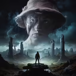 a poster with a man staring at a strange sky