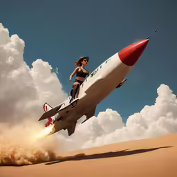 the woman is standing on a very large rocket