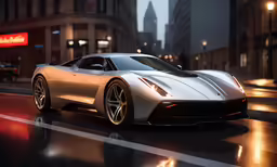 the silver sports car is driving through the city