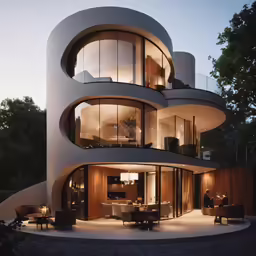 a large house with an arched curved balcony