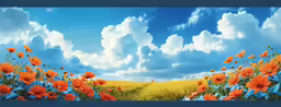 the orange flowers in the yellow field are blooming