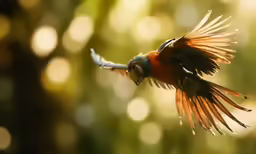 the bird is flying very high in the air