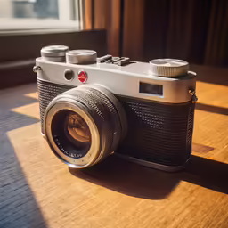 an old camera sitting on top of a wooden table