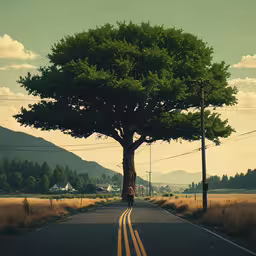 a lone tree on the side of an empty road,a tree stands out on the open road