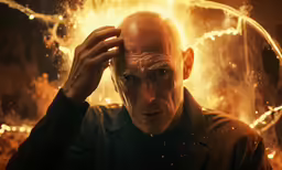 a man in a dark jacket holds his head in front of a flame