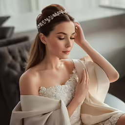 a woman in a dress with a bridal headpiece
