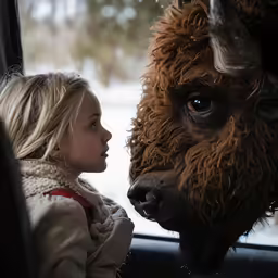 there is a little girl that is petting a bison
