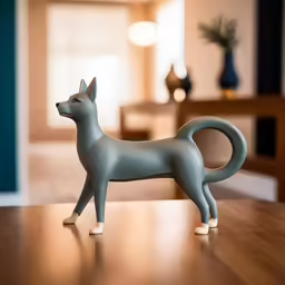 a toy dog standing on a table in front of a coffee table