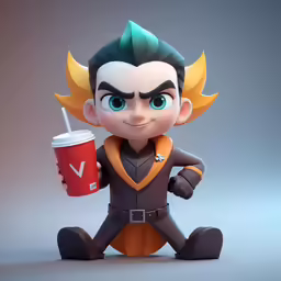 an animated man holding a drink while sitting