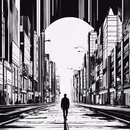 a man walking in a city street with buildings on both sides,man walking down the empty road to get out of his way