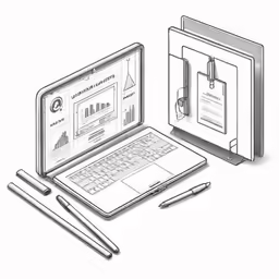 laptop and pen are positioned in this black and white illustration
